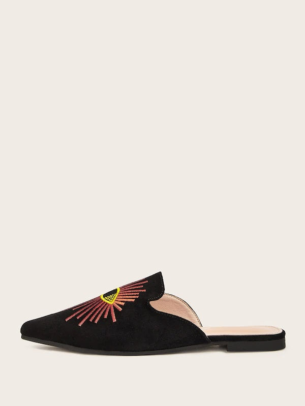 CM-SHS618960 Women Casual Seoul Style Embroidered Point Toe Flat Mules - Black