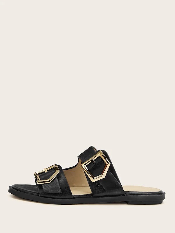 CM-SHS618967 Women Casual Seoul Style Double Buckle Strap Flat Sliders - Black