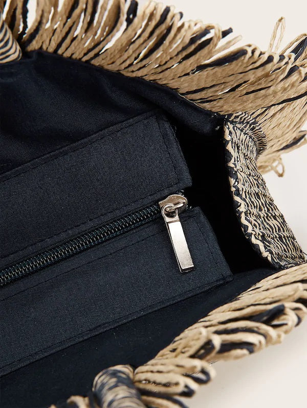 CM-BGS619836 Women Elegant Bohemian Style Fringe Trim Round Shaped Tote Bag