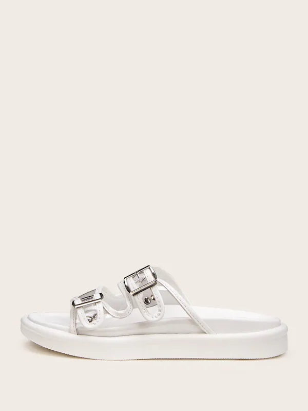 CM-SHS619983 Women Casual Seoul Style Open Toe Double Buckle Decor Sliders - White