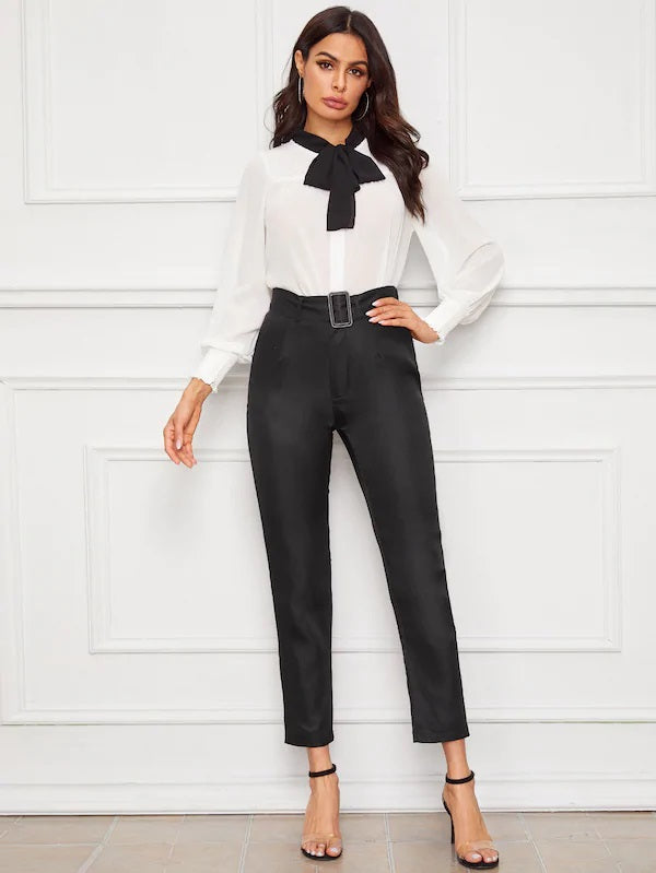 CM-BS530463 Women Casual Seoul Style High Waist Belted Crop Tailored Pants - Black