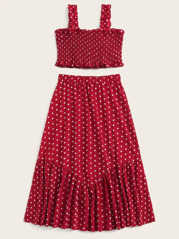 CM-SS620231 Women Casual Seoul Style Polka Dot Tie Front Shirred Cami Top With Ruffle Hem Skirt - Set