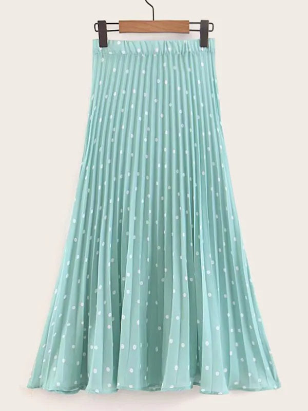 CM-BS620056 Women Casual Seoul Style High Waist Polka Dot Print Button Front Pleated Skirt - Green