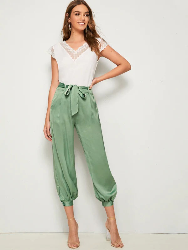 CM-BS621739 Women Casual Seoul Style Mid Waist Solid Belted Tapered Pants - Green