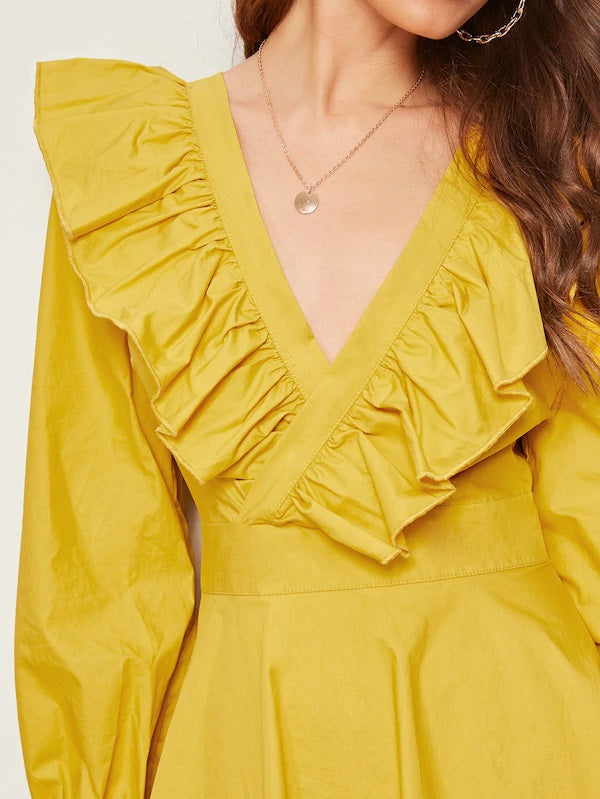 CM-DS624565 Women Elegant Seoul Style Layered Ruffle Hem Tie Back V-Neck Dress - Yellow