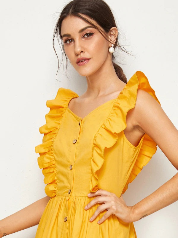 CM-DS606082 Women Casual Seoul Style Cap Sleeve Ruffle Trim Button Up Long Dress - Yellow