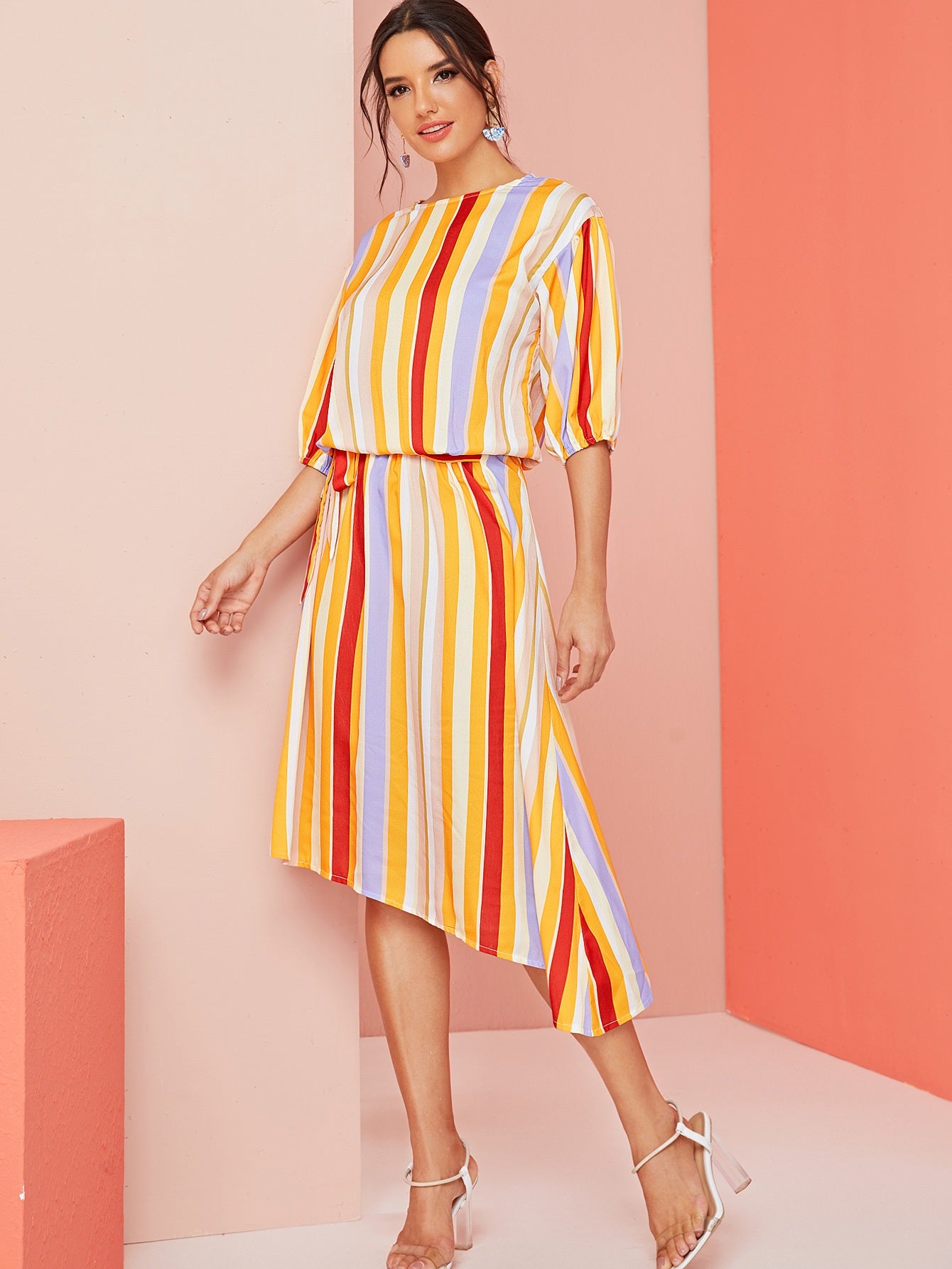 CM-DS625868 Women Casual Seoul Style Half Sleeve Stripe Knot Front Asymmetrical Hem Dress