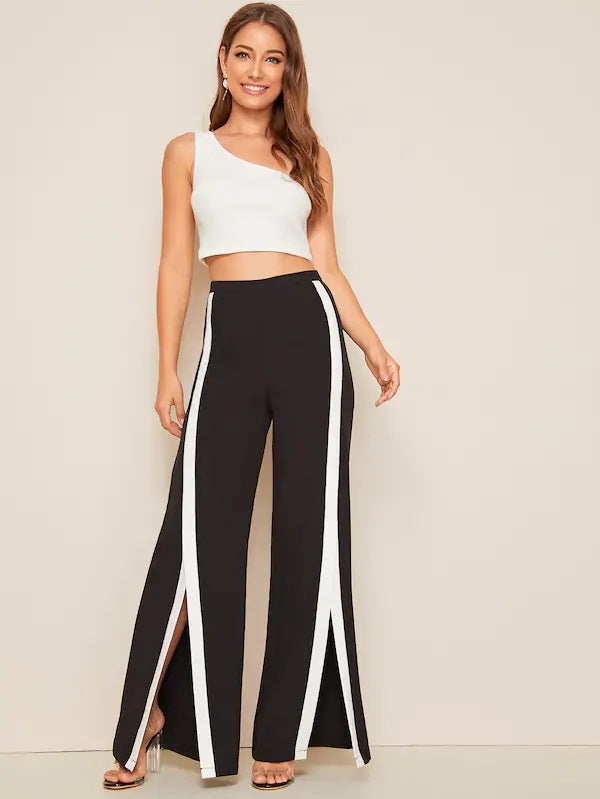 CM-BS625316 Women Elegant European Style Contrast Panel Slit Hem Wide Leg Pants - Black
