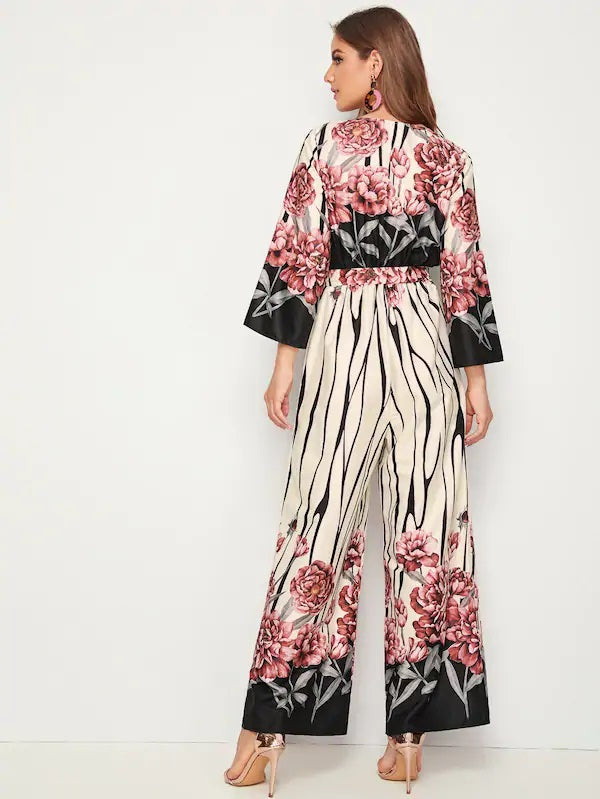 CM-JS605783 Women Casual Seoul Style Floral Print Surplice Neck Bell Sleeve Wide Leg Jumpsuit