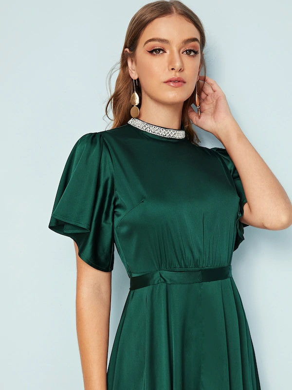 CM-DS606830 Women Elegant Seoul Style Flounce Sleeve Tie Back Cut-Out Satin Midi Dress - Green