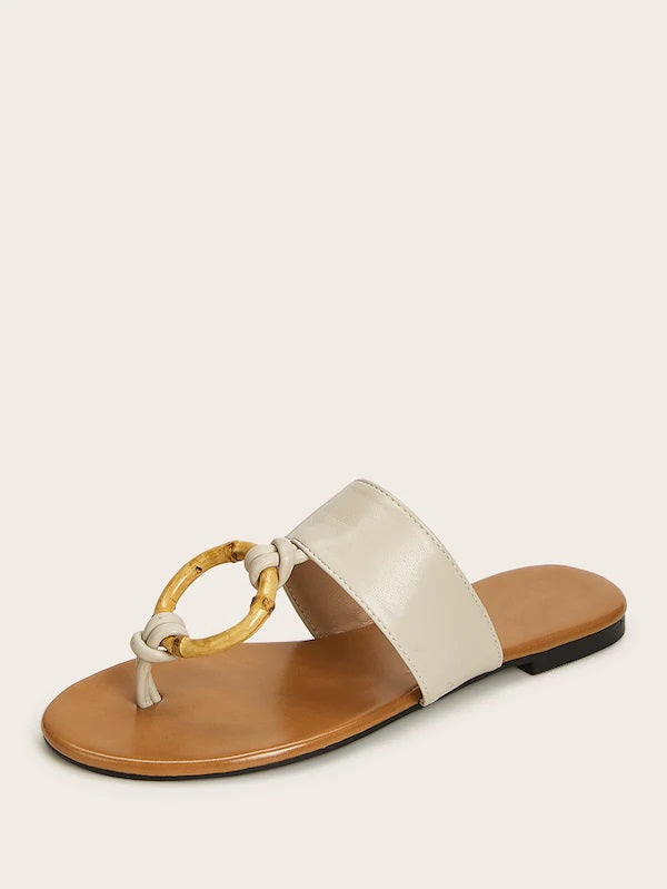 CM-SHS627132 Women Casual Seoul Style Toe Post Ring Decor Flat Sliders - White