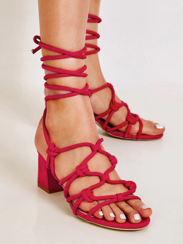CM-SHS627622 Women Trendy Seoul Style Knotted Tie Leg Block Heels - Red