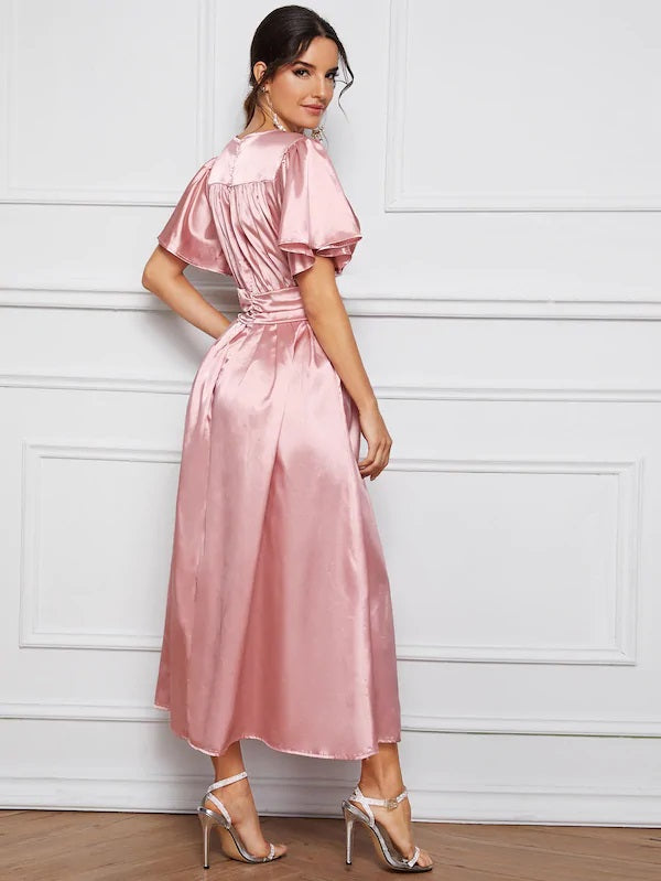 CM-DS628997 Women Casual Seoul Style Satin Twist Front Butterfly Sleeve A-Line Dress - Pink