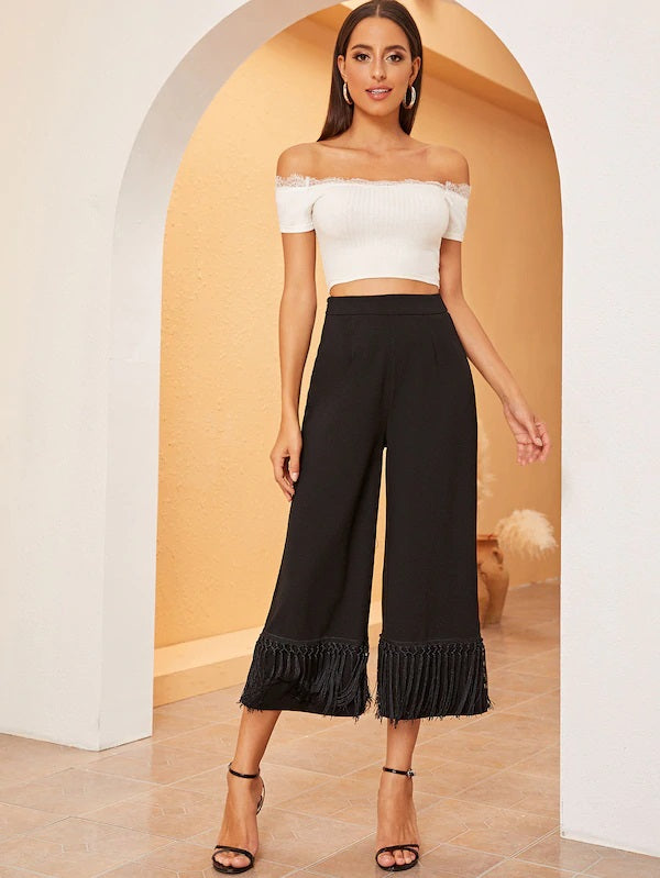 CM-BS614095 Women Elegant Seoul Style Mid Waist Fringe Trim Wide Leg Cropped Pants - Black