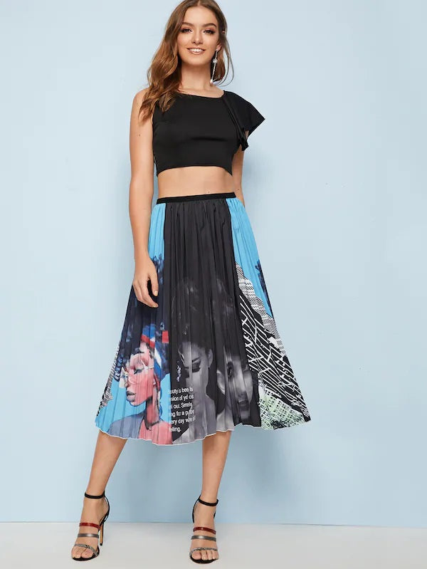 CM-BS628091 Women Trendy European Style Figure Print Mid Waist Pleated Skirt