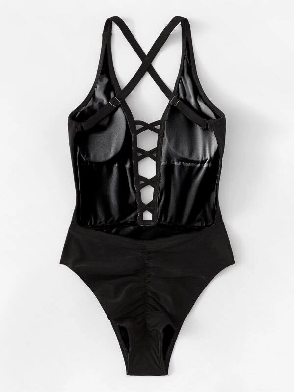 CM-SWS625801 Women Trendy Seoul Style Criss Cross Ruched Backless One Piece Swimsuit - Black