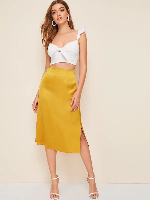 CM-BS604572 Women Casual Seoul Style Mid Waist Solid Split Side Satin Skirt - Yellow