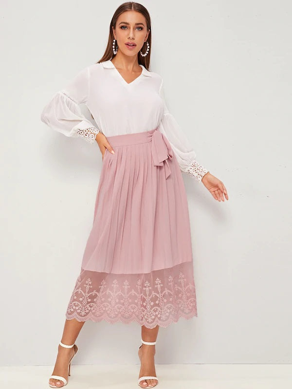 CM-BS606273 Women Casual Seoul Style Knot Detail Embroidery Mesh Hem Pleated Skirt - Pink