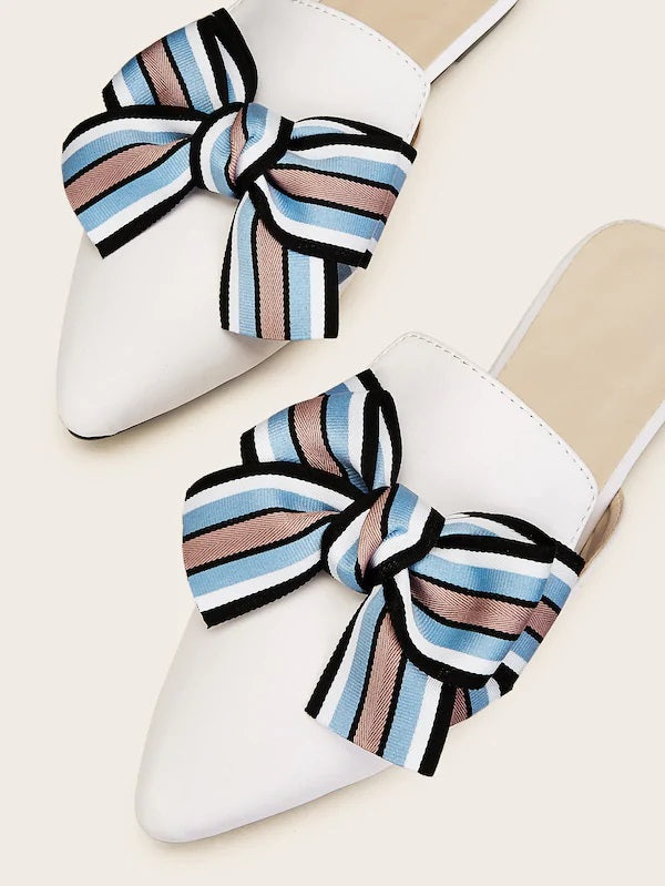 CM-SHS701570 Women Elegant Seoul Style Striped Bow Decor Flat Mules - White
