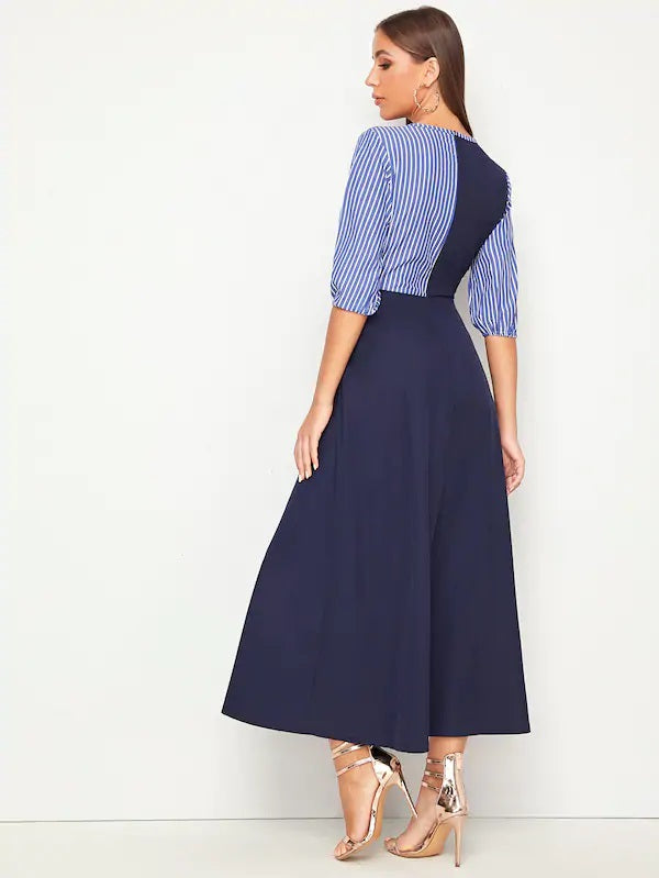 CM-DS701215 Women Casual Seoul Style 3/4 Sleeve V-Neck Tie Waist Stripe A-Line Dress - Navy Blue