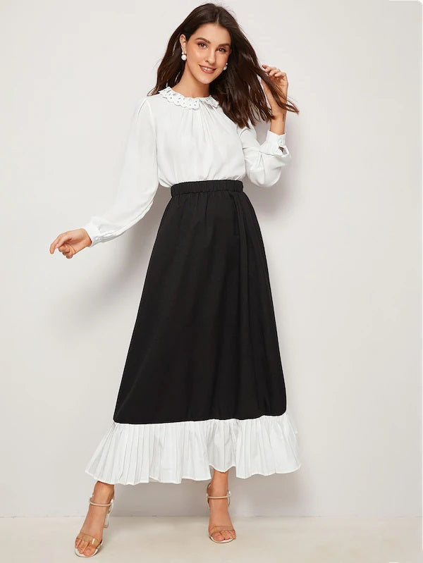 CM-BS702404 Women Casual Seoul Style High Waist Pleated Ruffle Hem A-Line Skirt - Black
