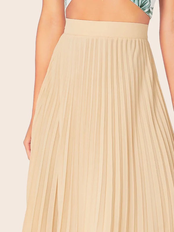 CM-BS612835 Women Casual Seoul Style High Waist Zipper Side Fit And Flare Pleated Skirt - Khaki