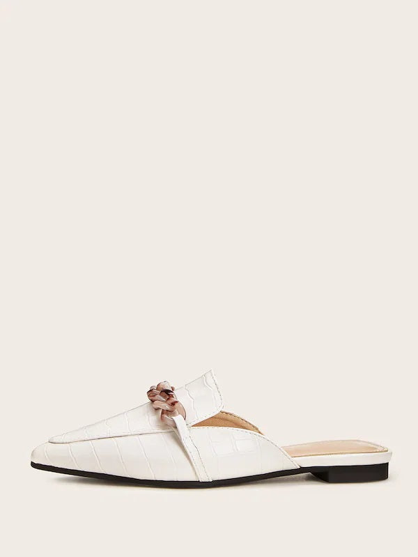 CM-SHS702737 Women Casual Seoul Style Point Toe Chain Decor Flat Mules - White