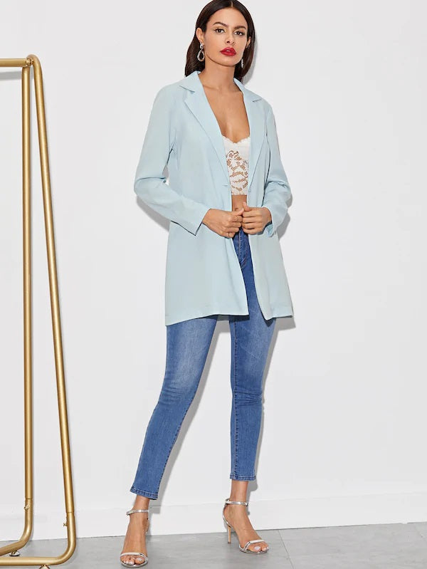 CM-CS624674 Women Trendy Seoul Style Long Sleeve Solid Single Button Longline Blazer - Blue