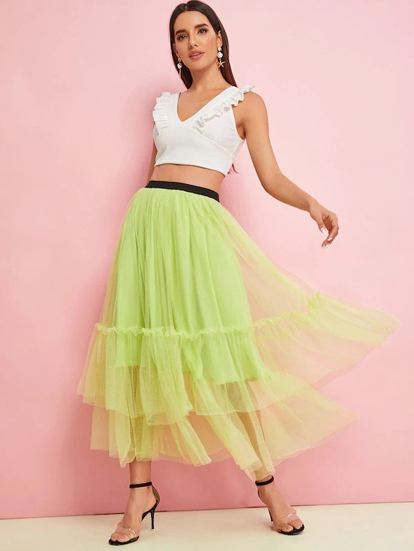 CM-BS506771 Women Trendy Seoul Style Mid Waist Layered Mesh A-Line Skirt - Yellow