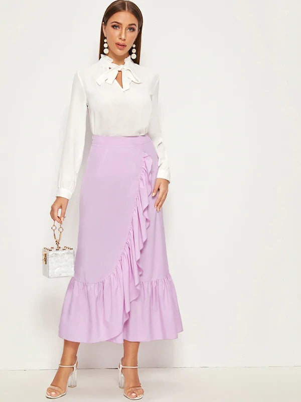 CM-BS617573 Women Casual Seoul Style High Waist Solid Ruffle Trim A-Line Skirt - Purple