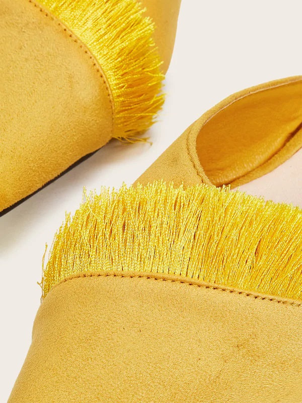 CM-SHS704404 Women Trendy Seoul Style Point Toe Fringe Trim Flat Mules - Yellow