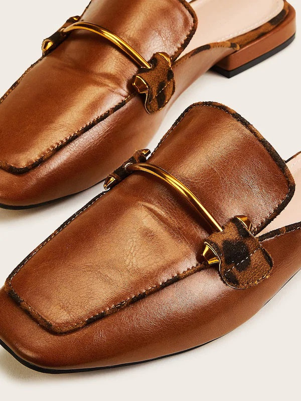 CM-SHS704524 Women Elegant Seoul Style Metal Decor Square Toe Flat Mules - Brown