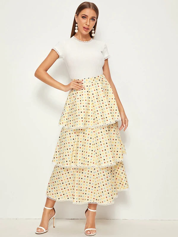CM-BS704218 Women Elegant Seoul Style Wide Waistband Polka Dot Lace Trim Layered Hem Skirt