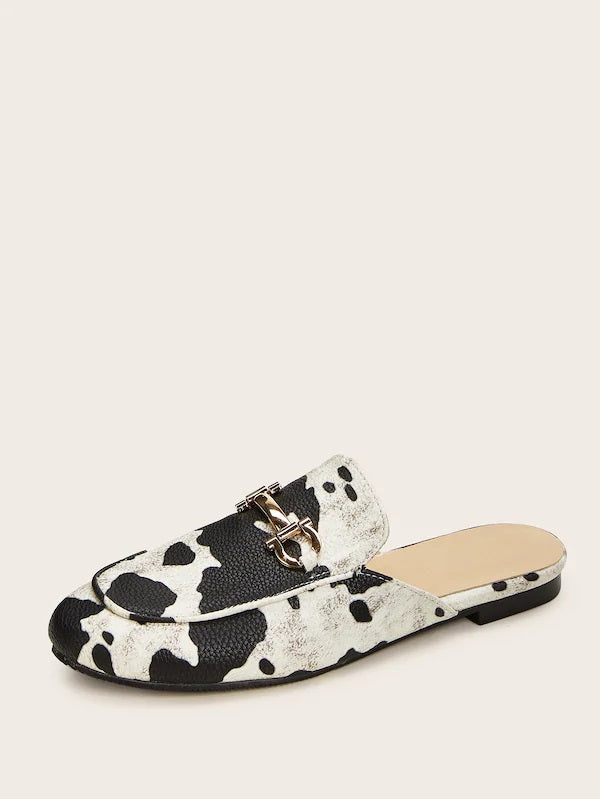 CM-SHS705389 Women Elegant Seoul Style Cow Print Metal Decor Flat Mules
