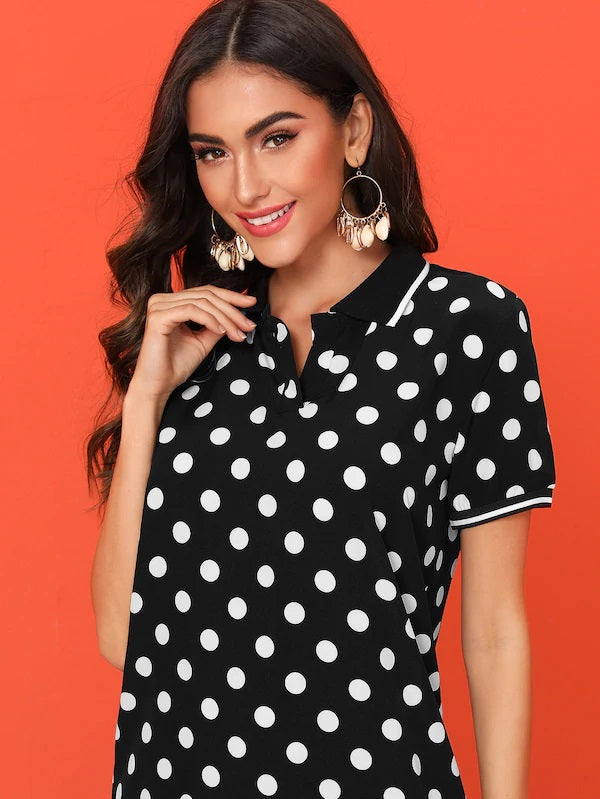 CM-DS708678 Women Casual Seoul Style Short Sleeve Polka Dot Split Side Dress - Black