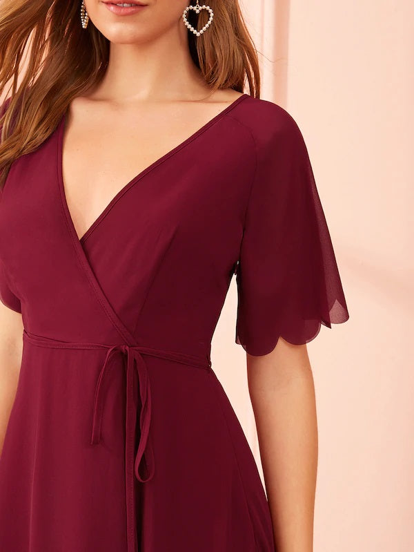 CM-DS627814 Women Casual Seoul Style Short Sleeve Scallop Trim Wrap Belted Dress - Wine Red