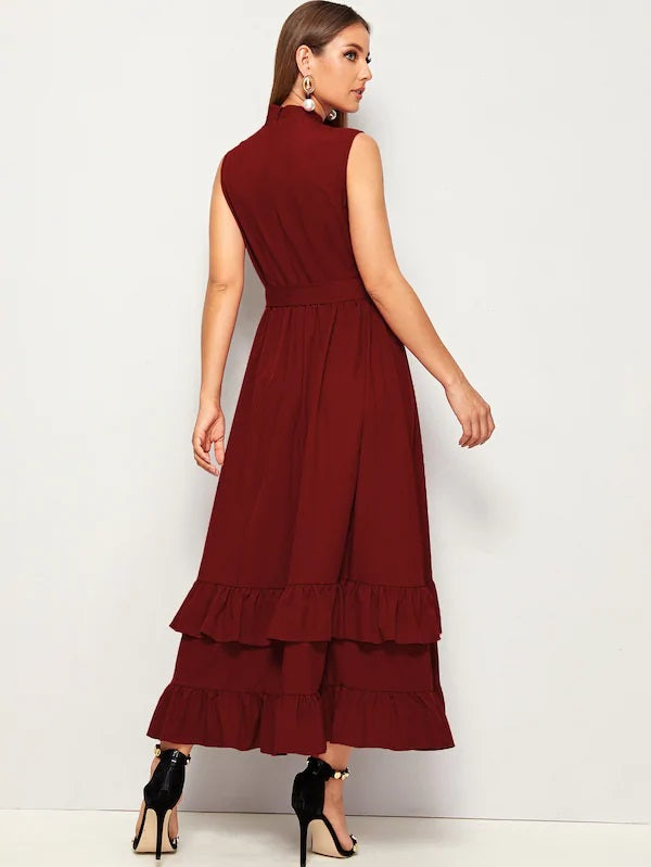 CM-DS701812 Women Elegant Seoul Style Mock-Neck Layered Ruffle Hem Self Belted Dress - Wine Red