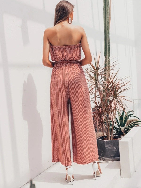 CM-JS709760 Women Elegant Seoul Style Striped Belted Wide Leg Tube Jumpsuit - Red