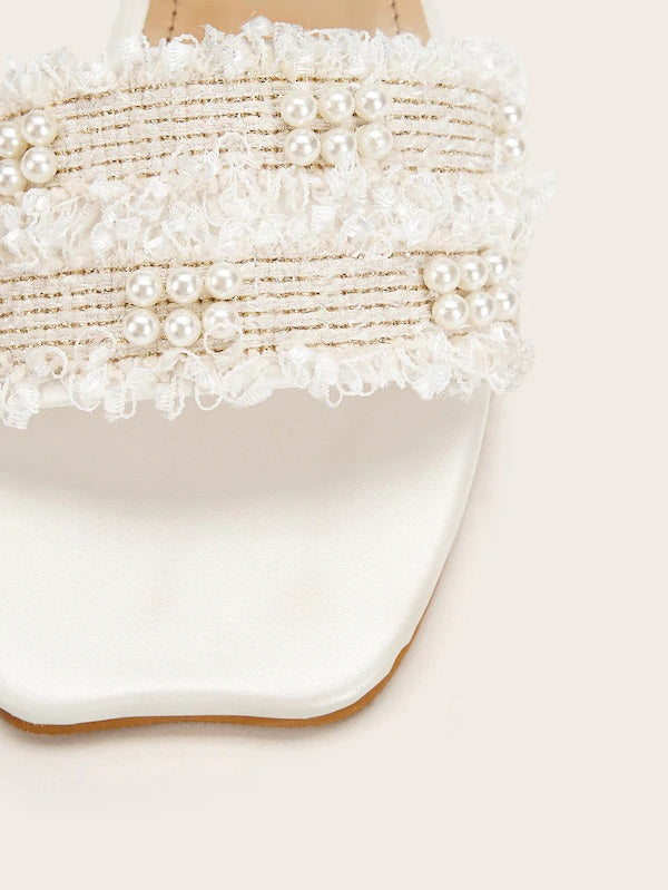 CM-SHS709272 Women Casual Seoul Style Faux Pearl Decor Flat Sliders - White