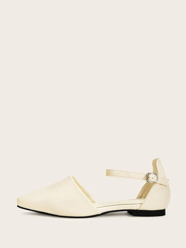 CM-SHS710222 Women Trendy Seoul Style Point Toe Buckle Strap Flats - White