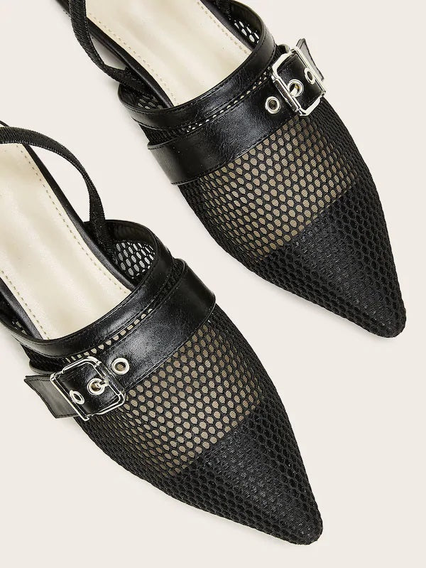 CM-SHS712142 Women Elegant European Style Point Toe Buckle Decor Mesh Flats - Black