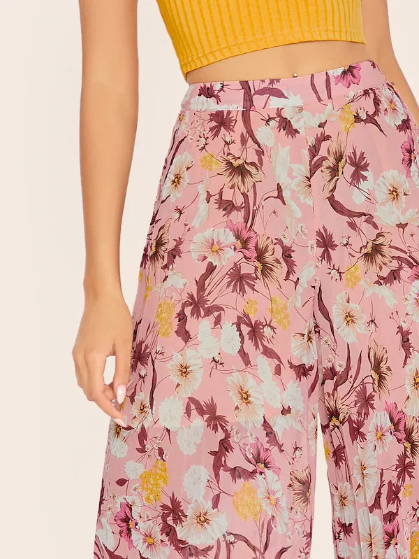 CM-BS624069 Women Casual Seoul Style Floral Print High Waist Pleated Wide Leg Pants - Pink