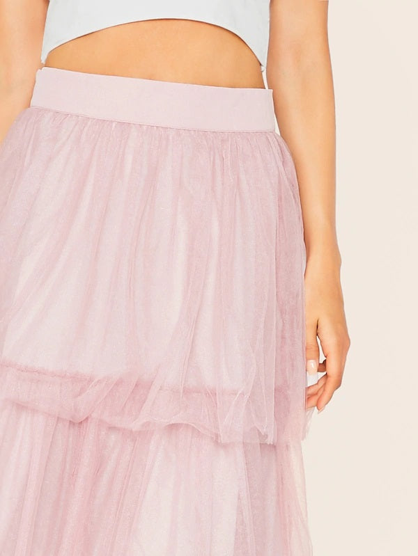 CM-BS625029 Women Casual Seoul Style Wide Waistband Tiered Layered Mesh Skirt - Pink