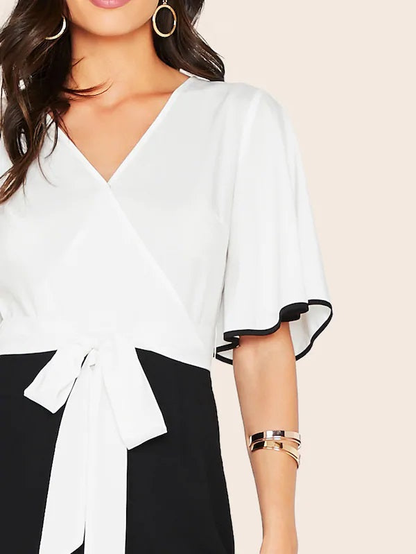 CM-JS626324 Women Casual Seoul Style Half Sleeve Binding Tie Side Flare Leg Jumpsuit