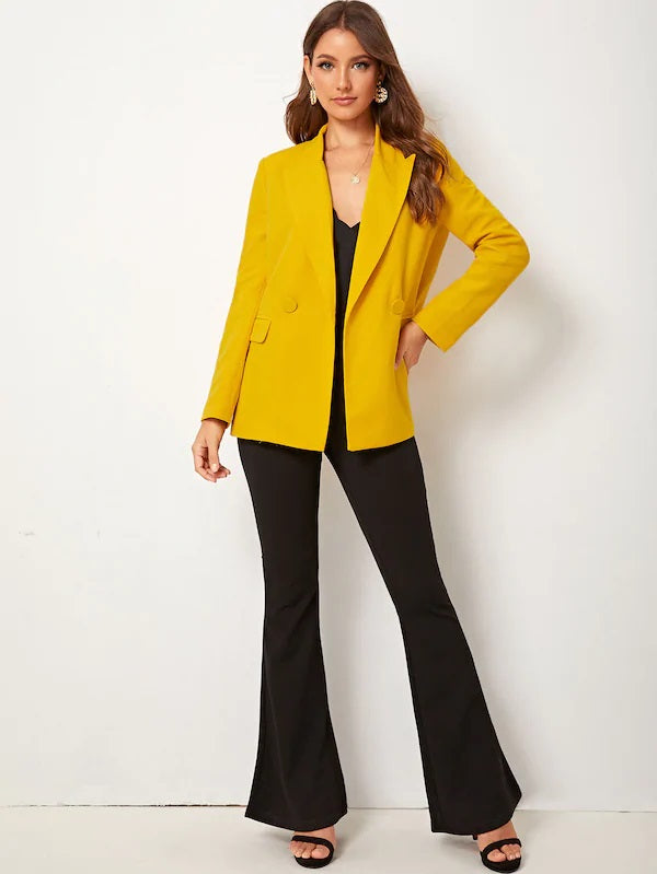 CM-CS716622 Women Elegant Seoul Style Long Sleeve Solid Double Breasted Notched Blazer - Yellow