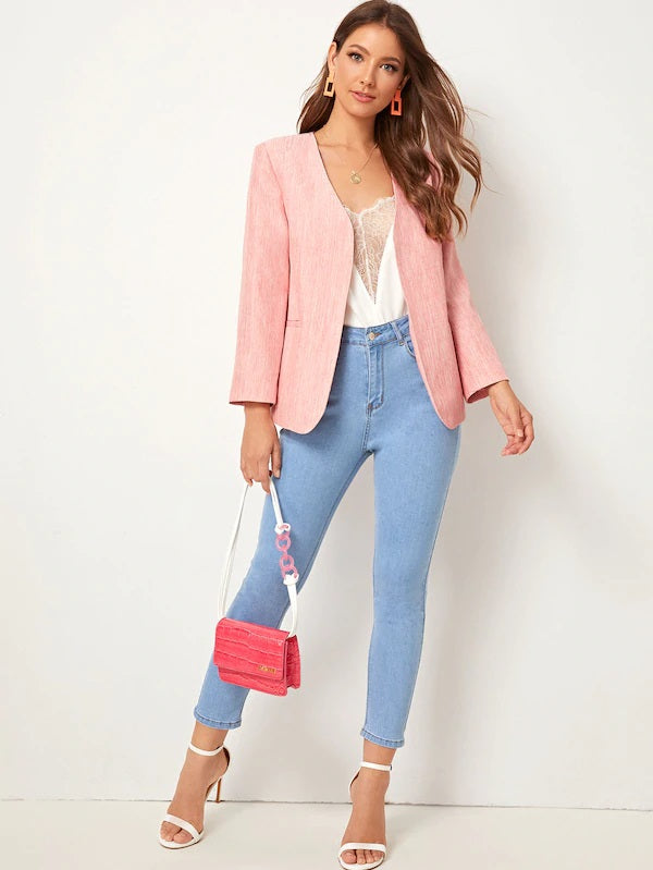CM-CS716625 Women Elegant Seoul Style Long Sleeve V-Neck Dual Pocket Space Dye Blazer - Pink