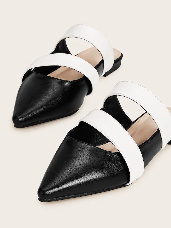 CM-SHS716973 Women Trendy Seoul Style Two Tone Point Toe Flat Mules - Black