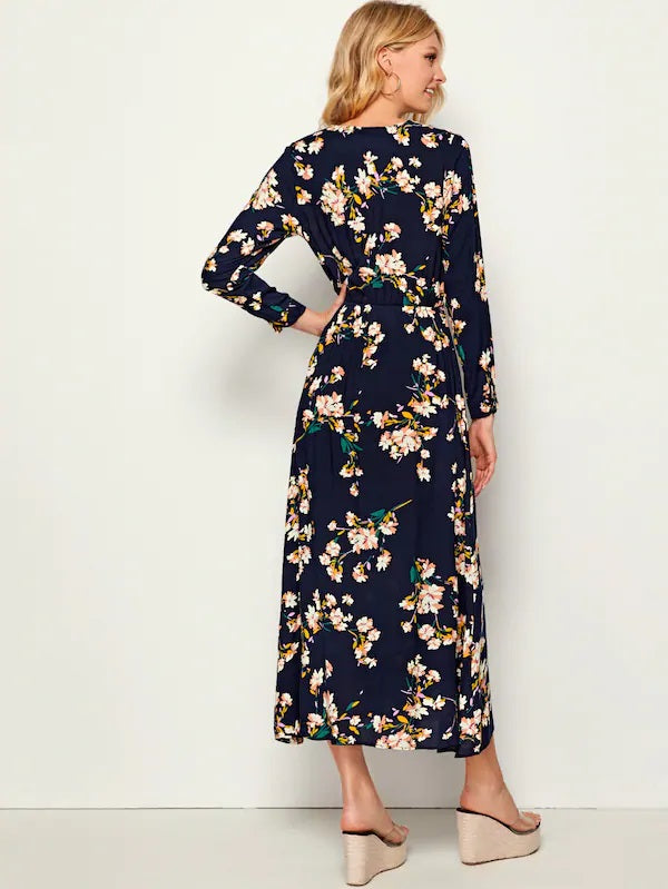 CM-DS717616 Women Casual Seoul Style Floral Print Elastic Waist Long Sleeve Maxi Dress - Navy Blue