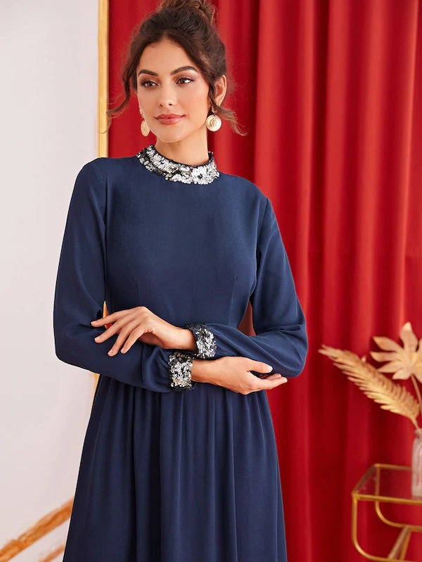 CM-DS703547 Women Elegant Seoul Style Long Sleeve Sequin Patched Fit And Flare Long Dress - Navy Blue