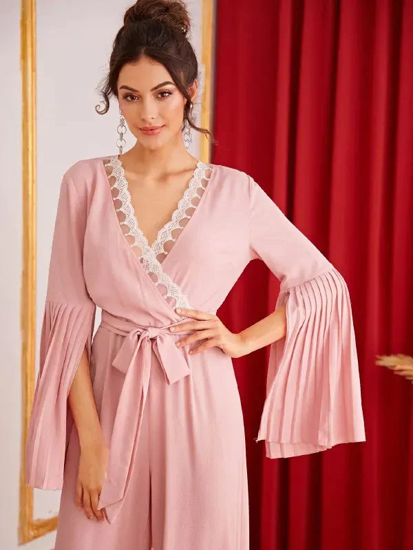 CM-JS621090 Women Casual Seoul Style Embroidered Mesh Surplice Neck Split Bell Sleeve Jumpsuit - Pink